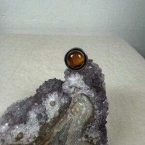 Sterling Silver Round Tiger’s Eye Gemstone Bezel Setting Statement Ring Size 8.5